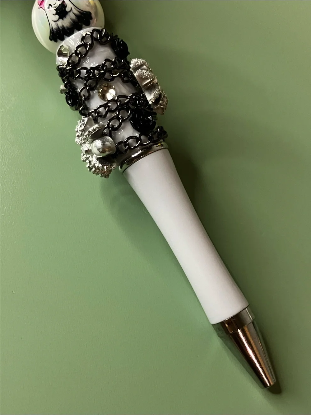 Behold my Cat Upcycled Ghost with Cat Figure on Spider Pen • Handmade • Beaded
